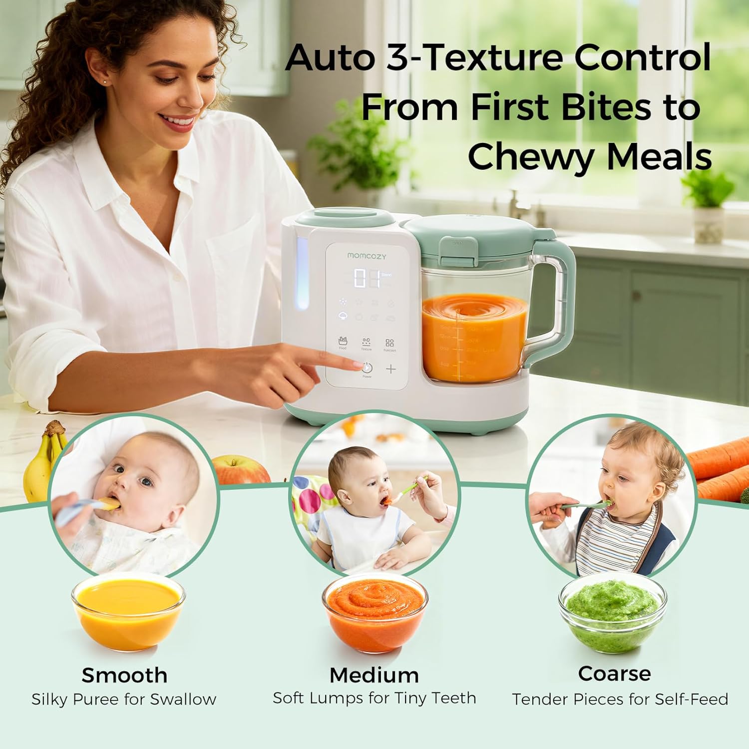 Modern stainless steel baby food maker with 15oz cup and 6-blade design, showing steam and blend function for homemade purees — view 4