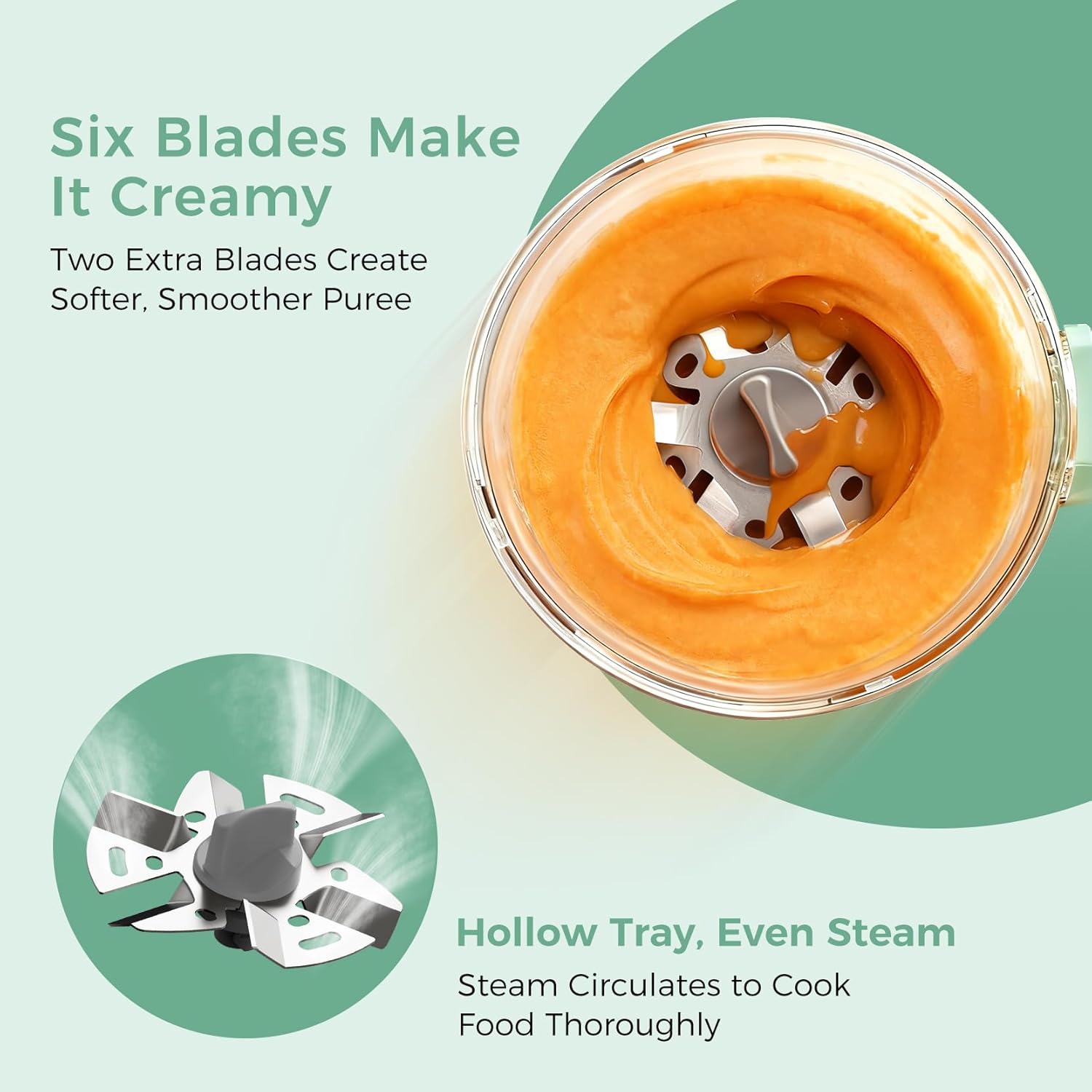 Modern stainless steel baby food maker with 15oz cup and 6-blade design, showing steam and blend function for homemade purees — view 2
