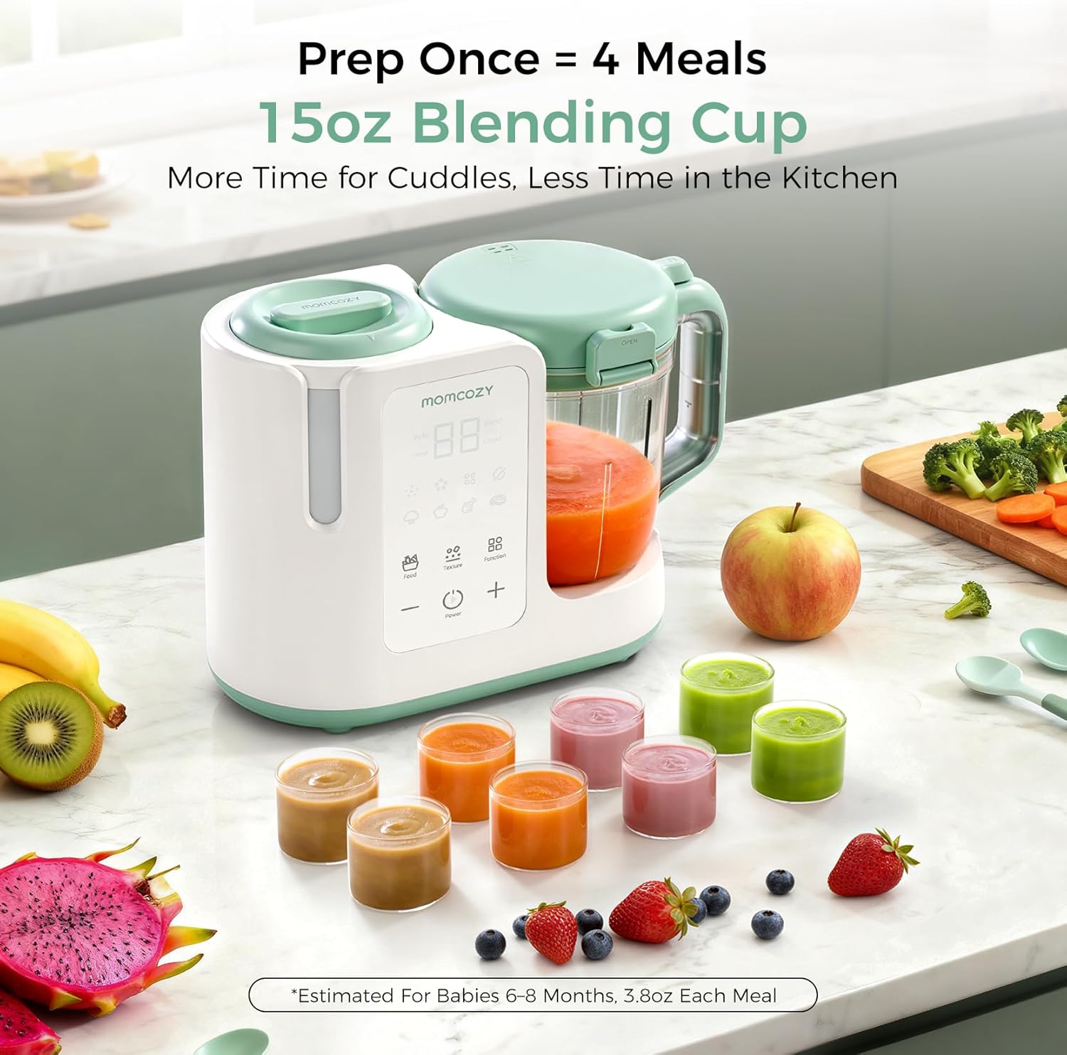 Modern stainless steel baby food maker with 15oz cup and 6-blade design, showing steam and blend function for homemade purees — view 3