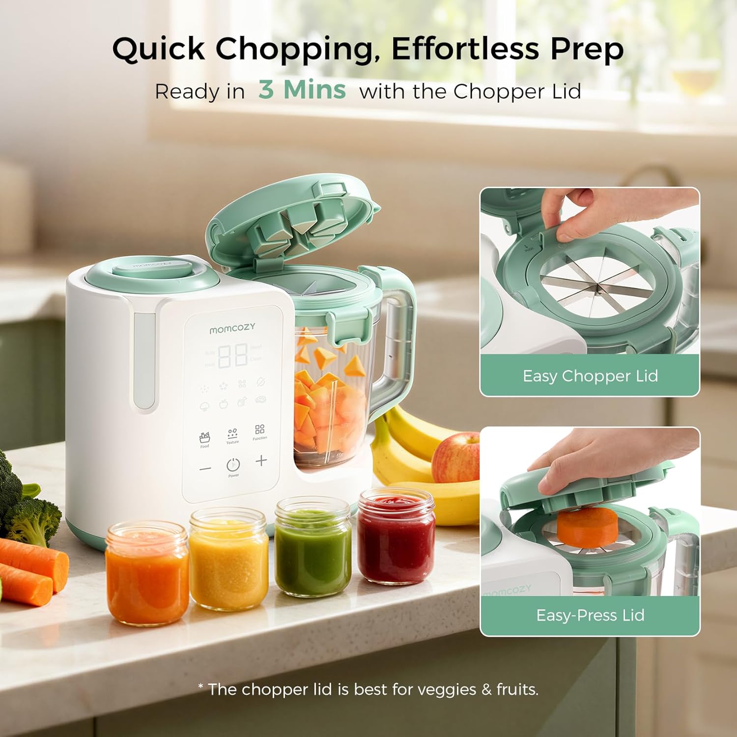 Modern stainless steel baby food maker with 15oz cup and 6-blade design, showing steam and blend function for homemade purees — view 4