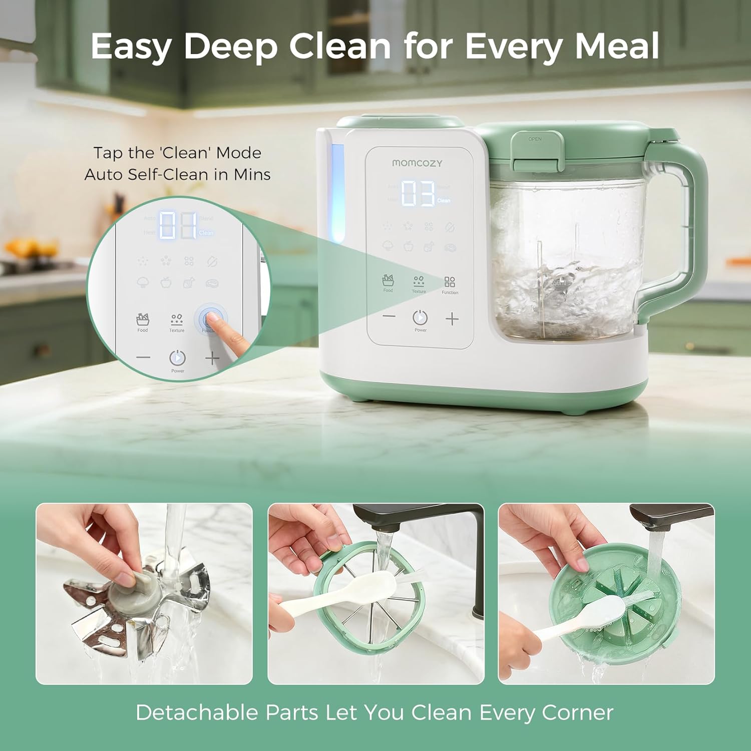 Modern stainless steel baby food maker with 15oz cup and 6-blade design, showing steam and blend function for homemade purees — view 5