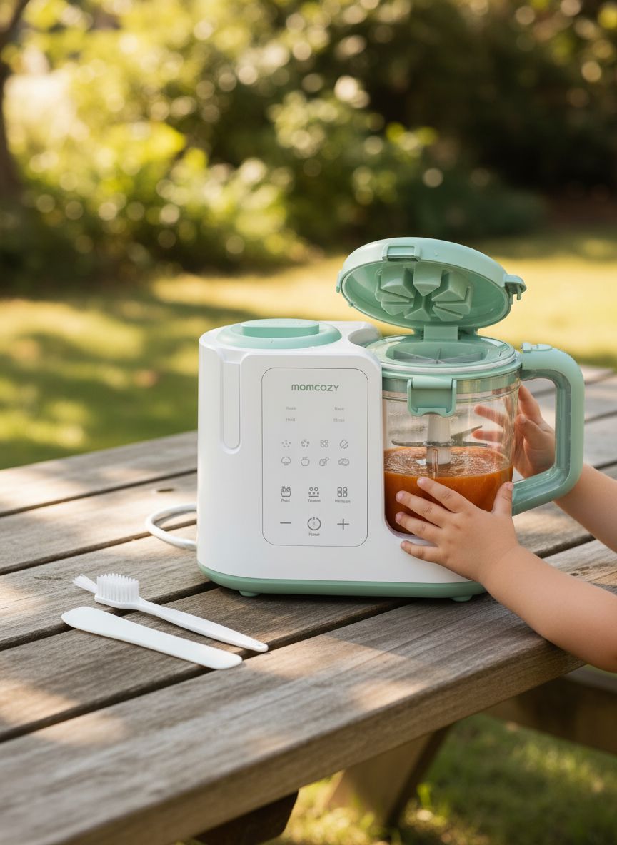 Modern stainless steel baby food maker with 15oz cup and 6-blade design, showing steam and blend function for homemade purees — view 6