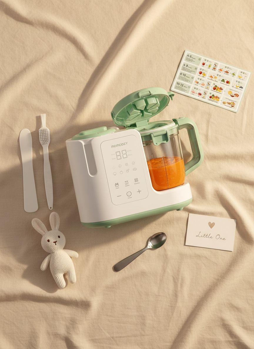 Modern stainless steel baby food maker with 15oz cup and 6-blade design, showing steam and blend function for homemade purees — view 7a