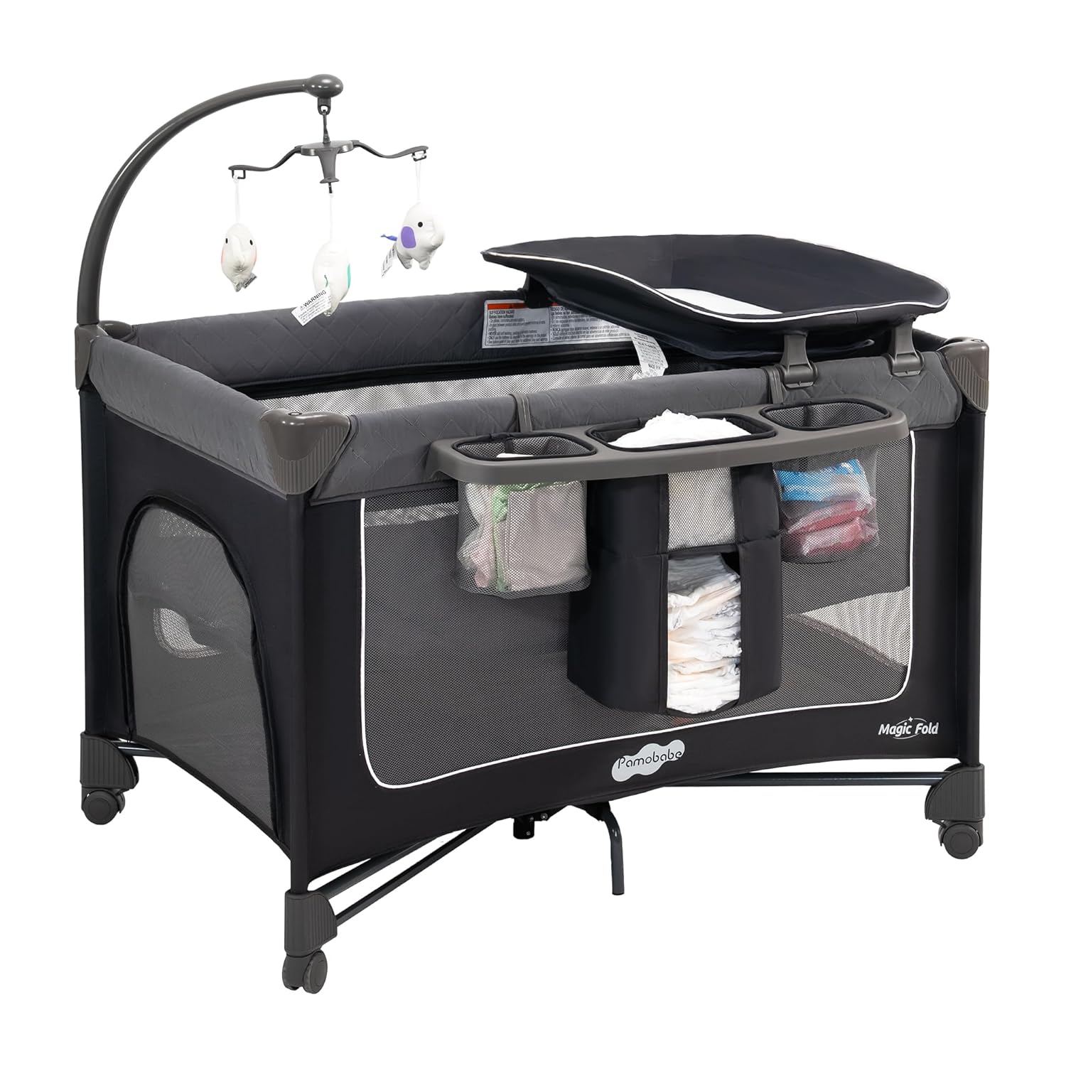 Modern foldable playard with gray fabric, integrated bassinet and changing table, featuring one-step folding mechanism and zip door access — view 1