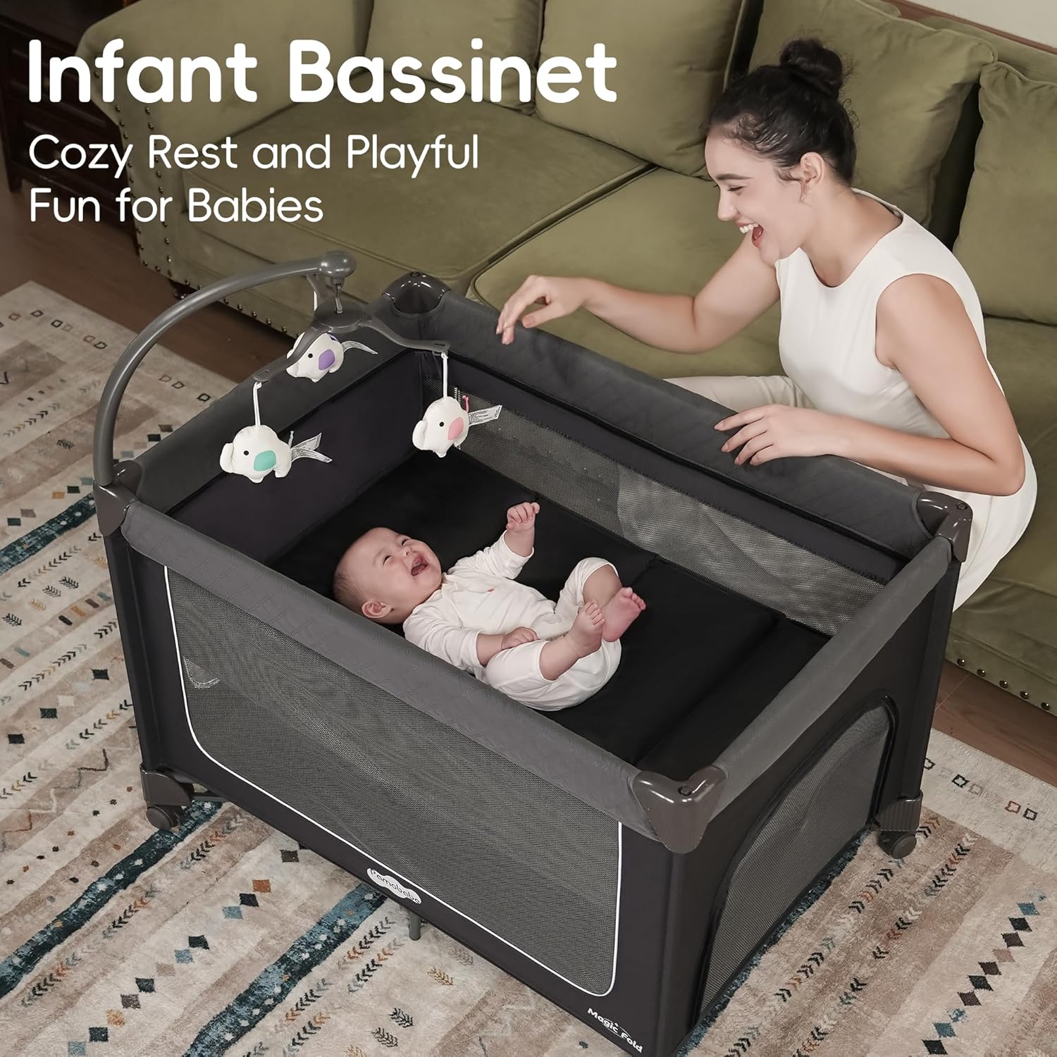 Modern foldable playard with gray fabric, integrated bassinet and changing table, featuring one-step folding mechanism and zip door access — view 4
