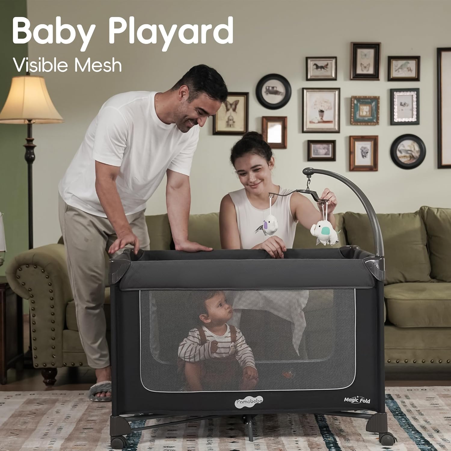 Modern foldable playard with gray fabric, integrated bassinet and changing table, featuring one-step folding mechanism and zip door access — view 2