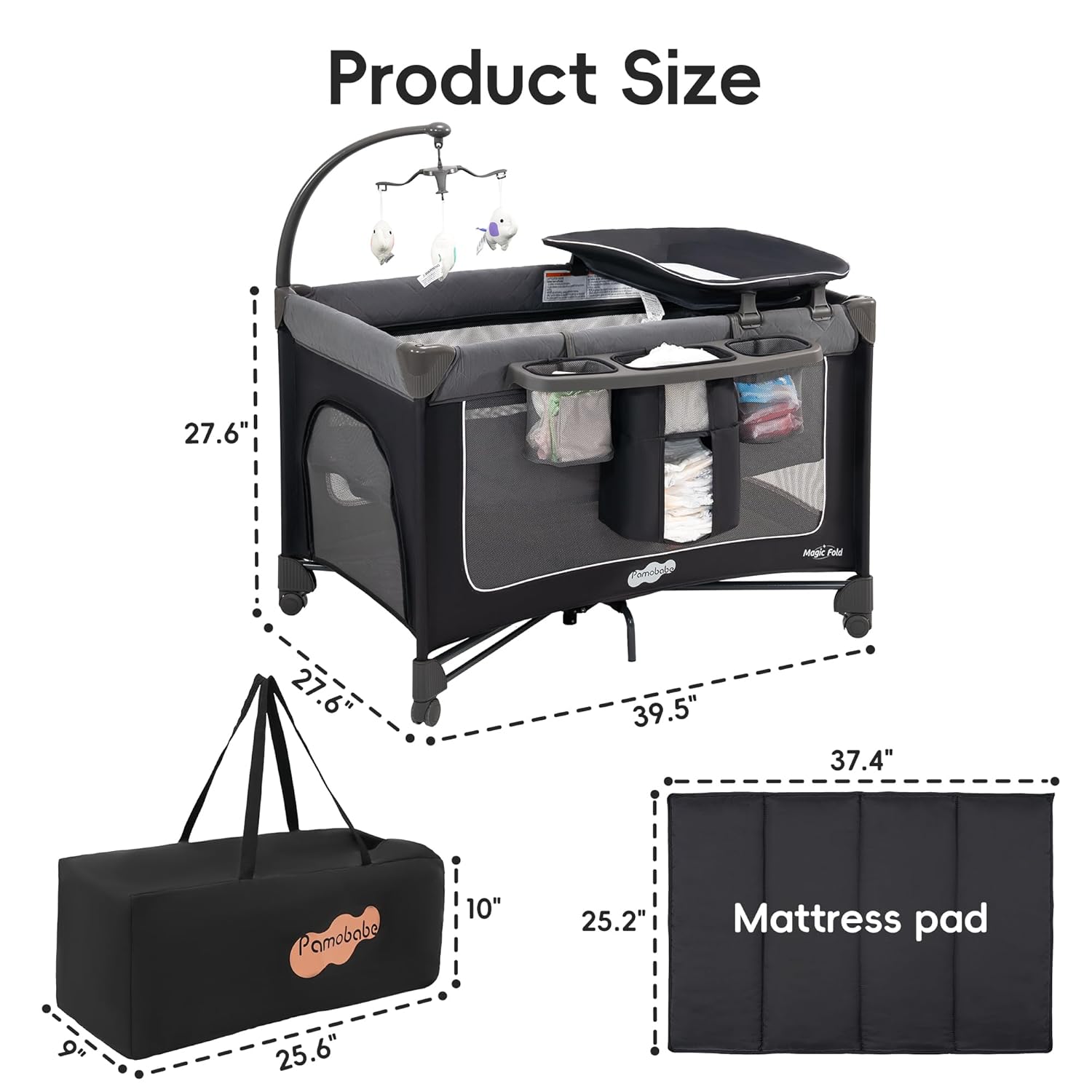 Modern foldable playard with gray fabric, integrated bassinet and changing table, featuring one-step folding mechanism and zip door access — view 4