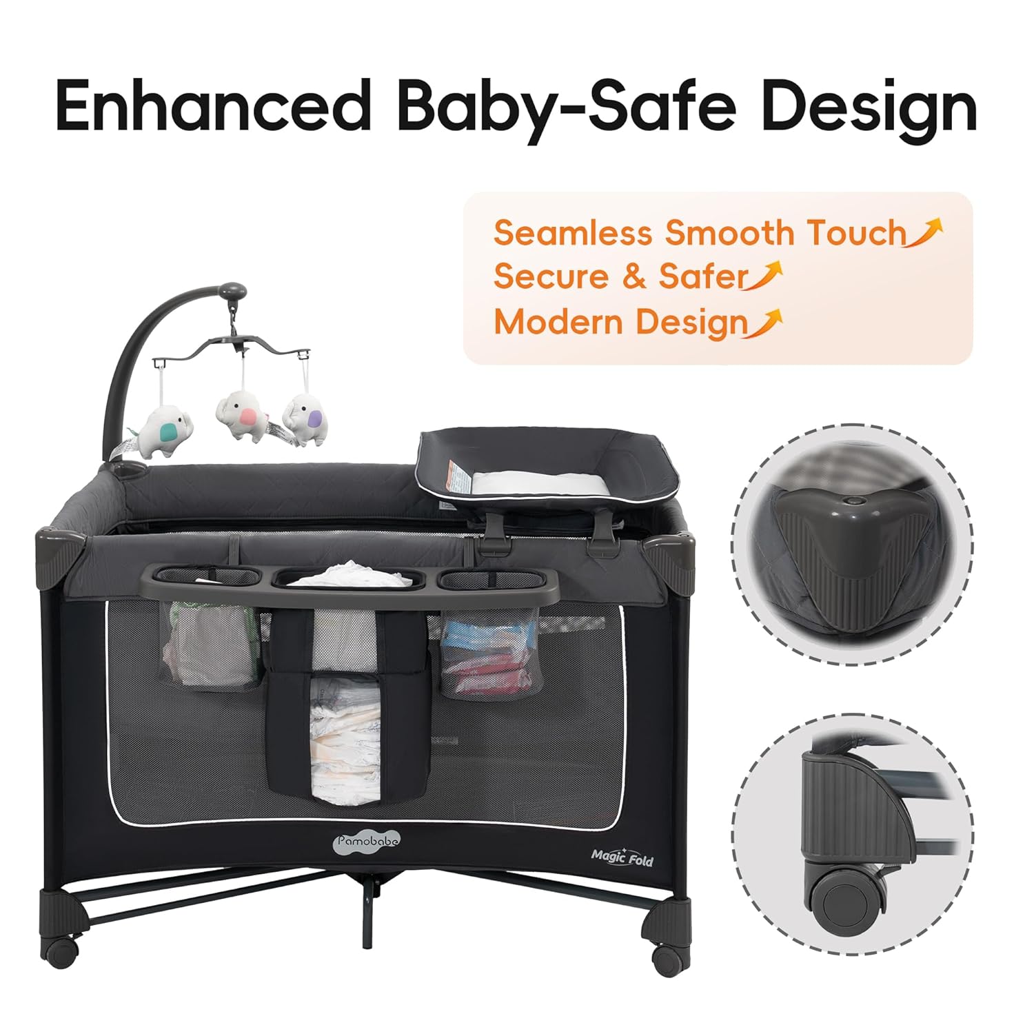 Modern foldable playard with gray fabric, integrated bassinet and changing table, featuring one-step folding mechanism and zip door access — view 5