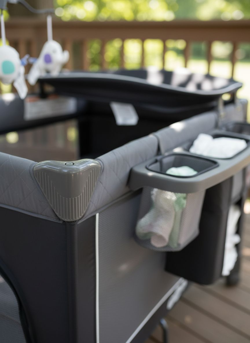 Modern foldable playard with gray fabric, integrated bassinet and changing table, featuring one-step folding mechanism and zip door access — view 4