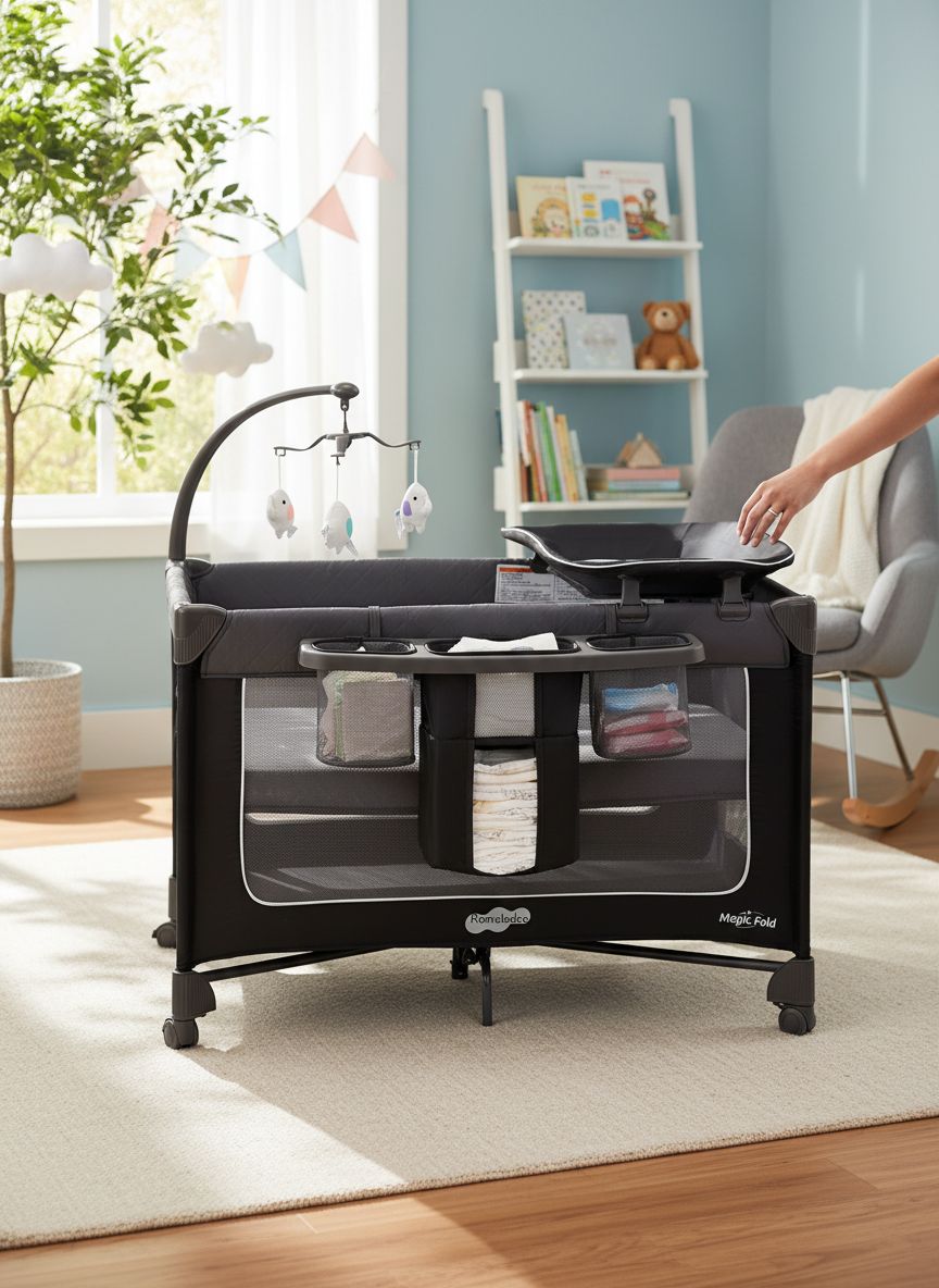 Modern foldable playard with gray fabric, integrated bassinet and changing table, featuring one-step folding mechanism and zip door access — view 2