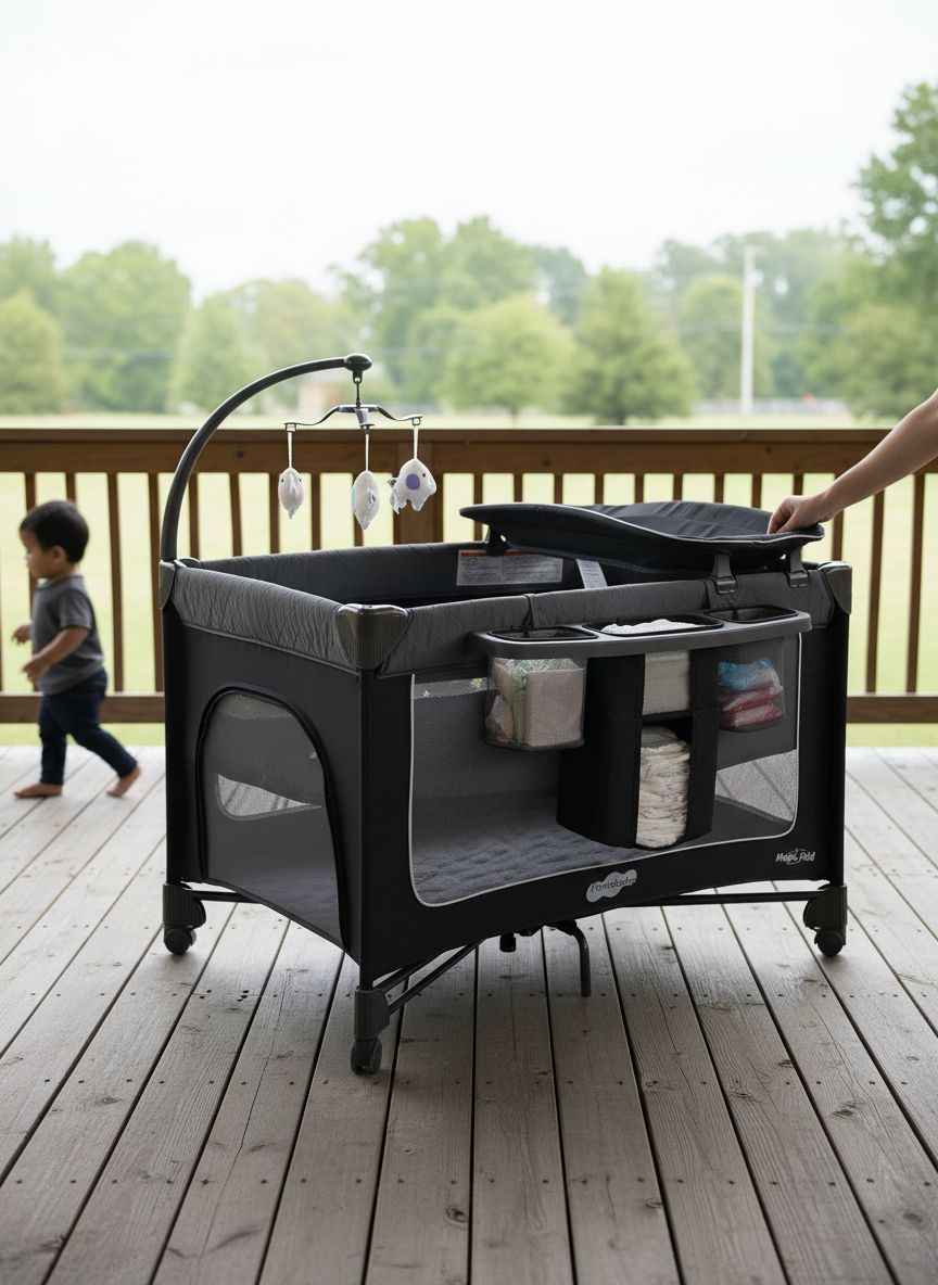 Modern foldable playard with gray fabric, integrated bassinet and changing table, featuring one-step folding mechanism and zip door access — view 3a