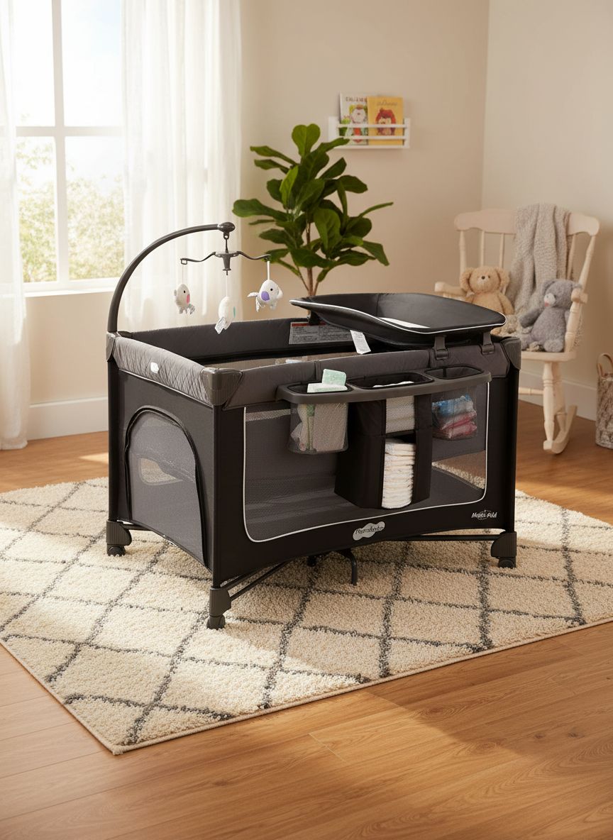 Modern foldable playard with gray fabric, integrated bassinet and changing table, featuring one-step folding mechanism and zip door access — view 4