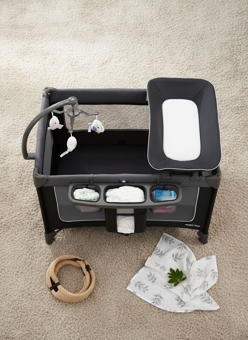 Modern foldable playard with gray fabric, integrated bassinet and changing table, featuring one-step folding mechanism and zip door access — view 7a