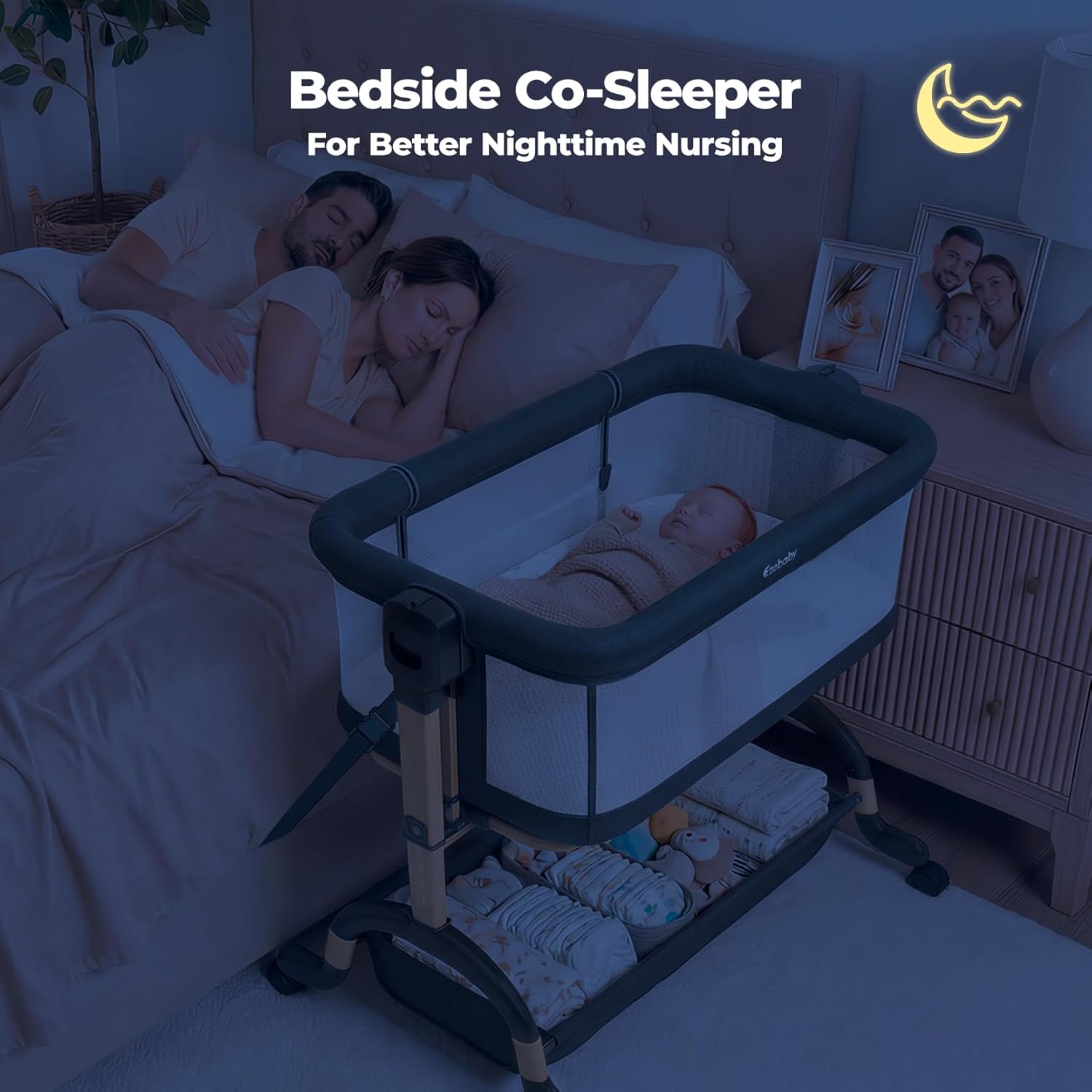 Modern 3-in-1 bassinet with full mesh sides, gray fabric, adjustable height mechanism, and lockable wheel base — back