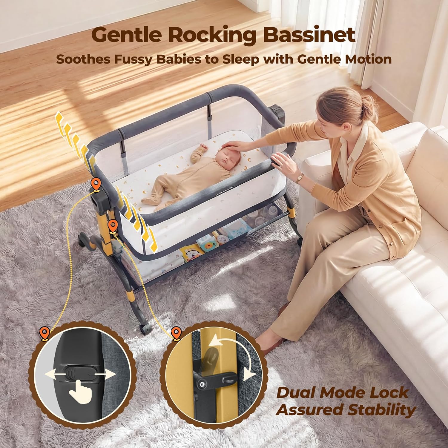 Modern 3-in-1 bassinet with full mesh sides, gray fabric, adjustable height mechanism, and lockable wheel base — detail