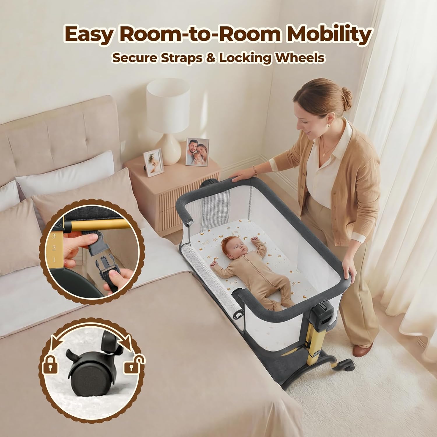 Modern 3-in-1 bassinet with full mesh sides, gray fabric, adjustable height mechanism, and lockable wheel base — view 3