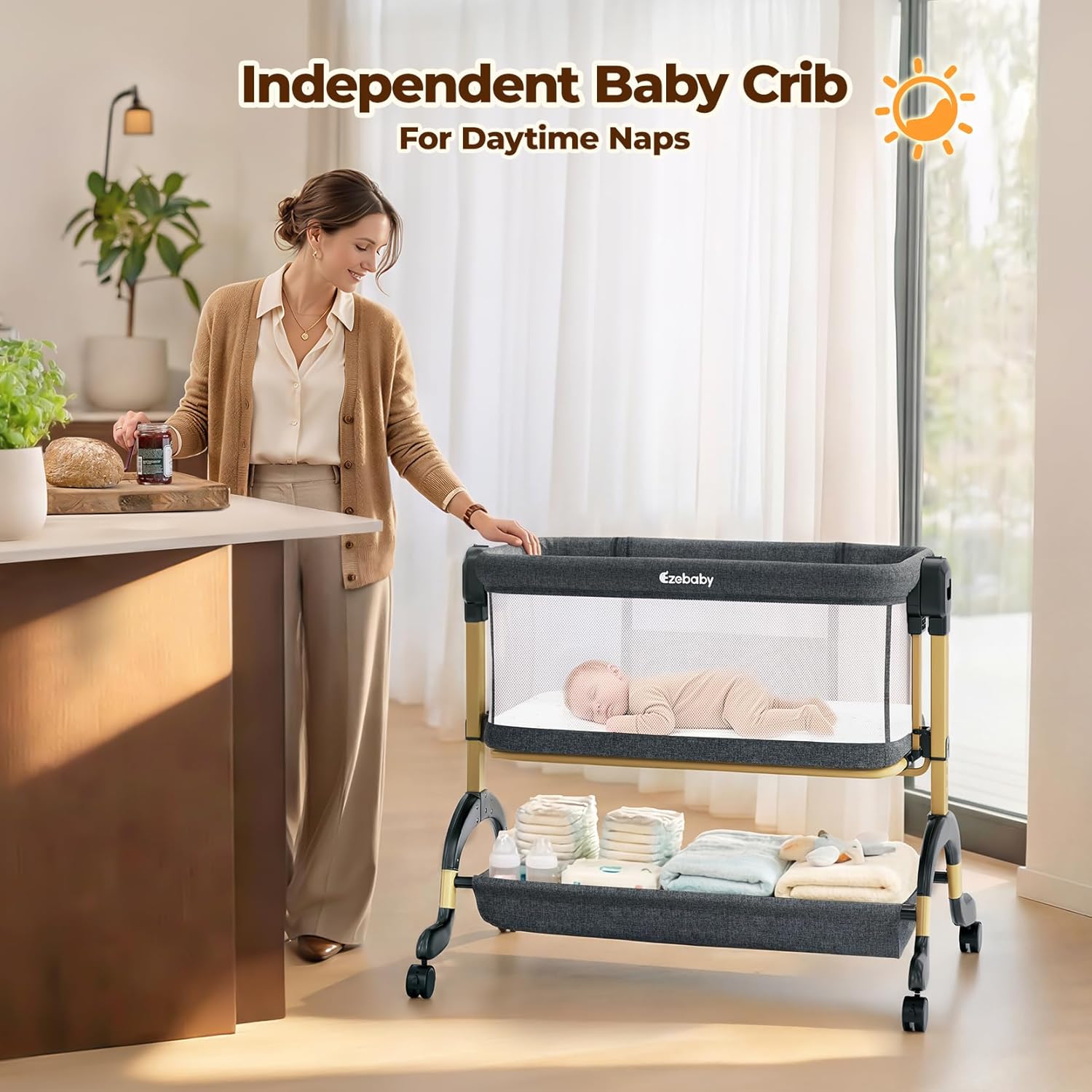 Modern 3-in-1 bassinet with full mesh sides, gray fabric, adjustable height mechanism, and lockable wheel base — view 4