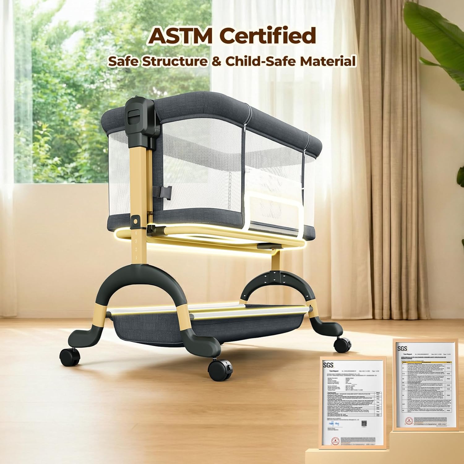Modern 3-in-1 bassinet with full mesh sides, gray fabric, adjustable height mechanism, and lockable wheel base — view 5