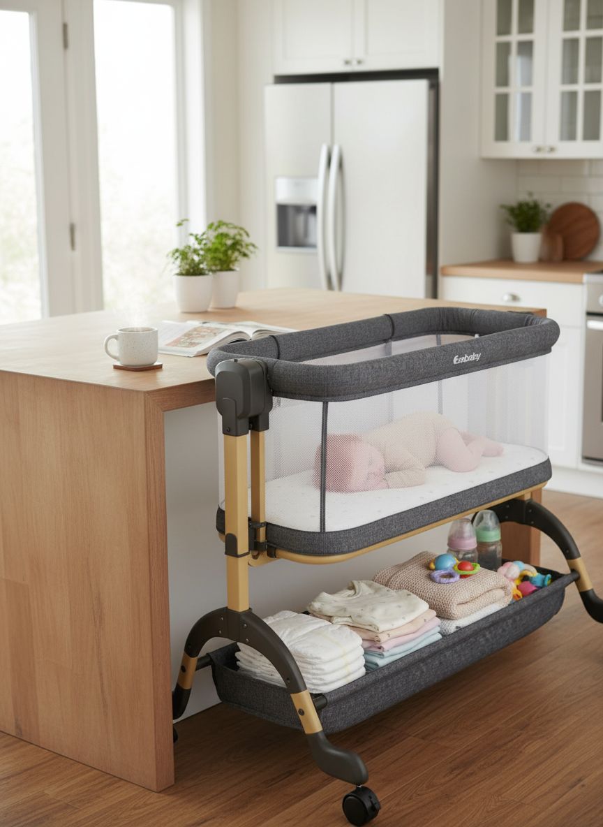 Modern 3-in-1 bassinet with full mesh sides, gray fabric, adjustable height mechanism, and lockable wheel base — view 2