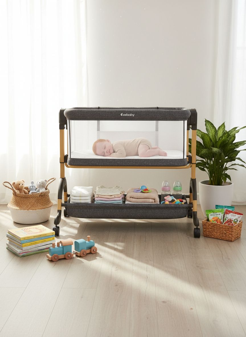 Modern 3-in-1 bassinet with full mesh sides, gray fabric, adjustable height mechanism, and lockable wheel base — view 5a