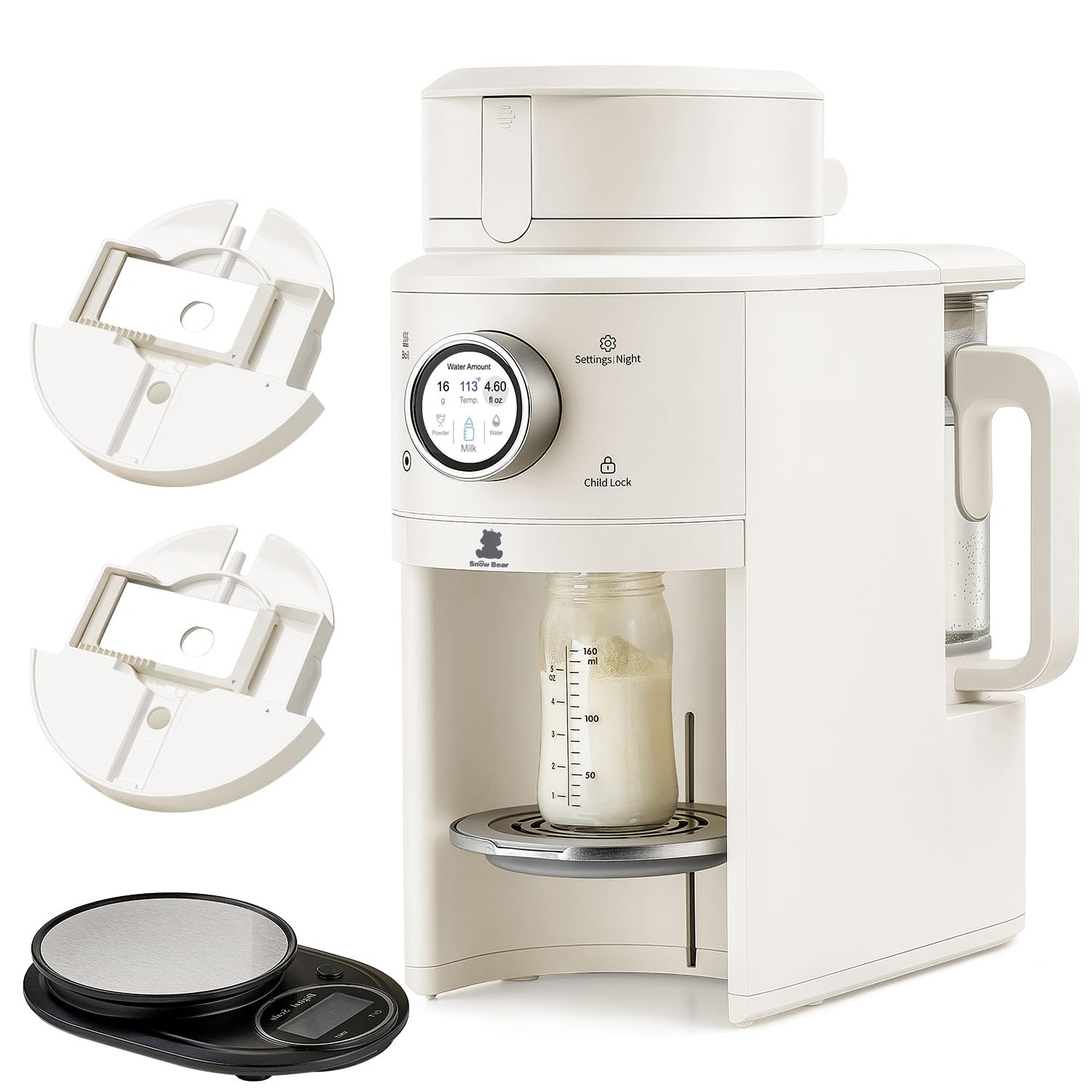 Modern white one-touch formula dispenser with sealed powder container and auto-lifting platform for bottle preparation — view 1