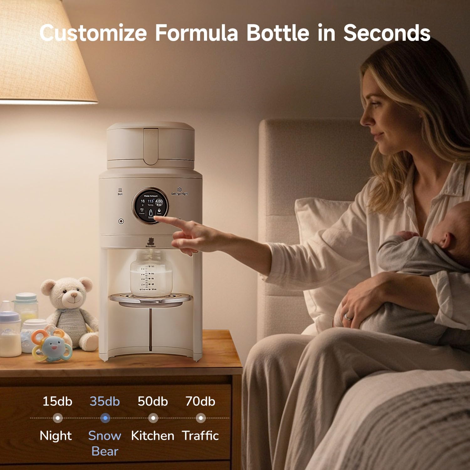 Modern white one-touch formula dispenser with sealed powder container and auto-lifting platform for bottle preparation — view 2