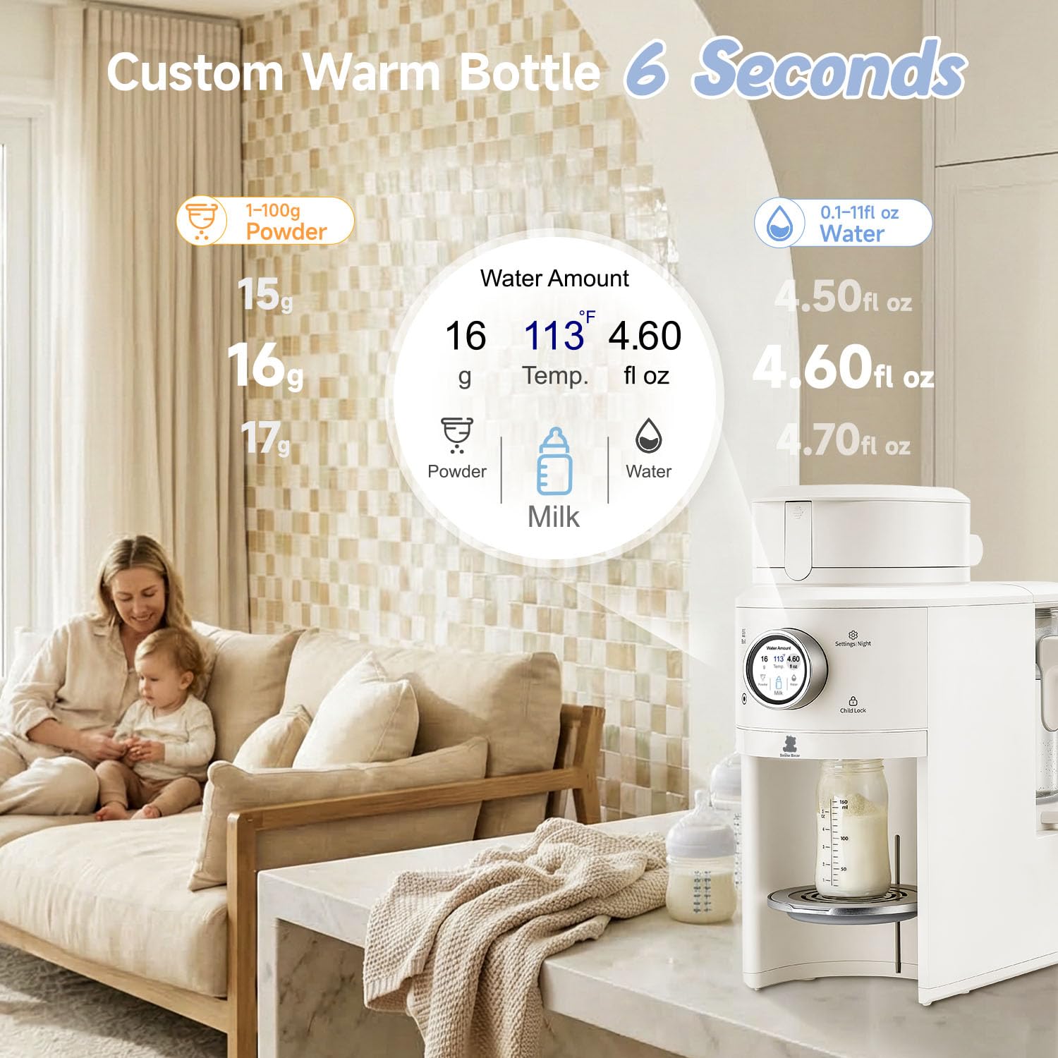 Modern white one-touch formula dispenser with sealed powder container and auto-lifting platform for bottle preparation — view 4