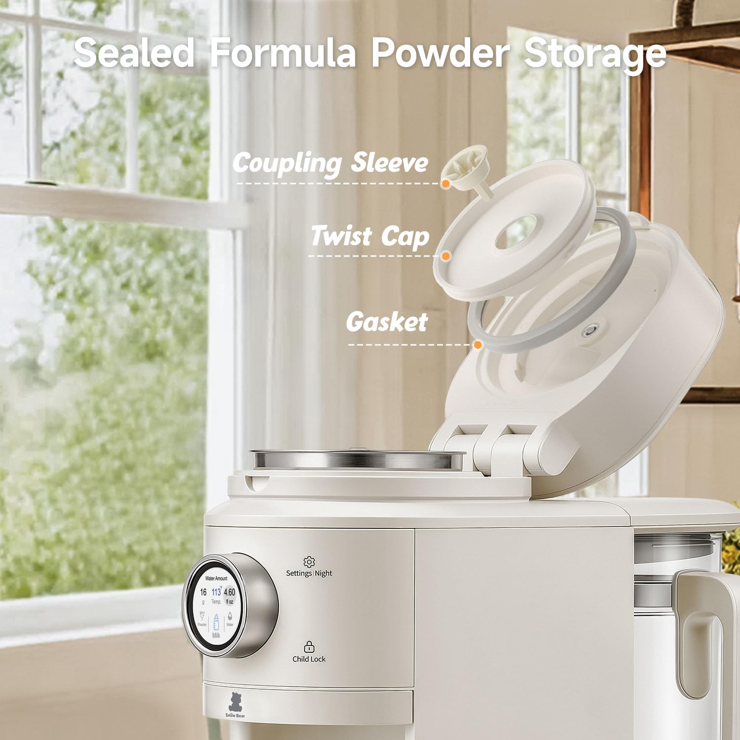 Modern white one-touch formula dispenser with sealed powder container and auto-lifting platform for bottle preparation — view 2