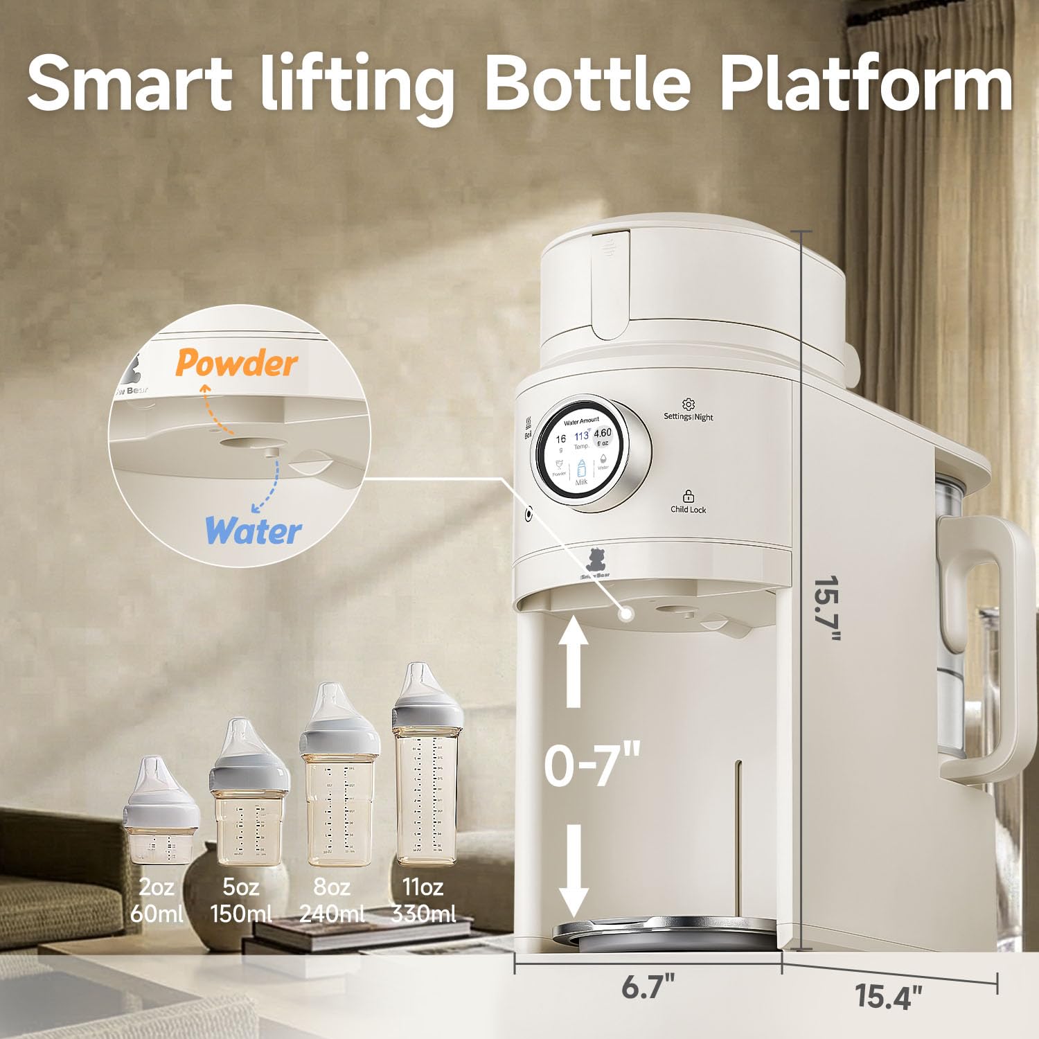 Modern white one-touch formula dispenser with sealed powder container and auto-lifting platform for bottle preparation — view 3