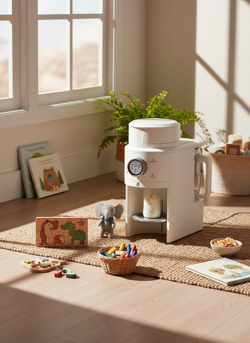 Modern white one-touch formula dispenser with sealed powder container and auto-lifting platform for bottle preparation — view 5a