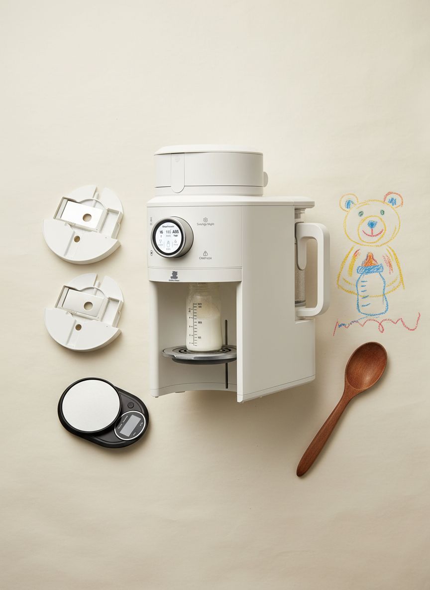 Modern white one-touch formula dispenser with sealed powder container and auto-lifting platform for bottle preparation — view 7a