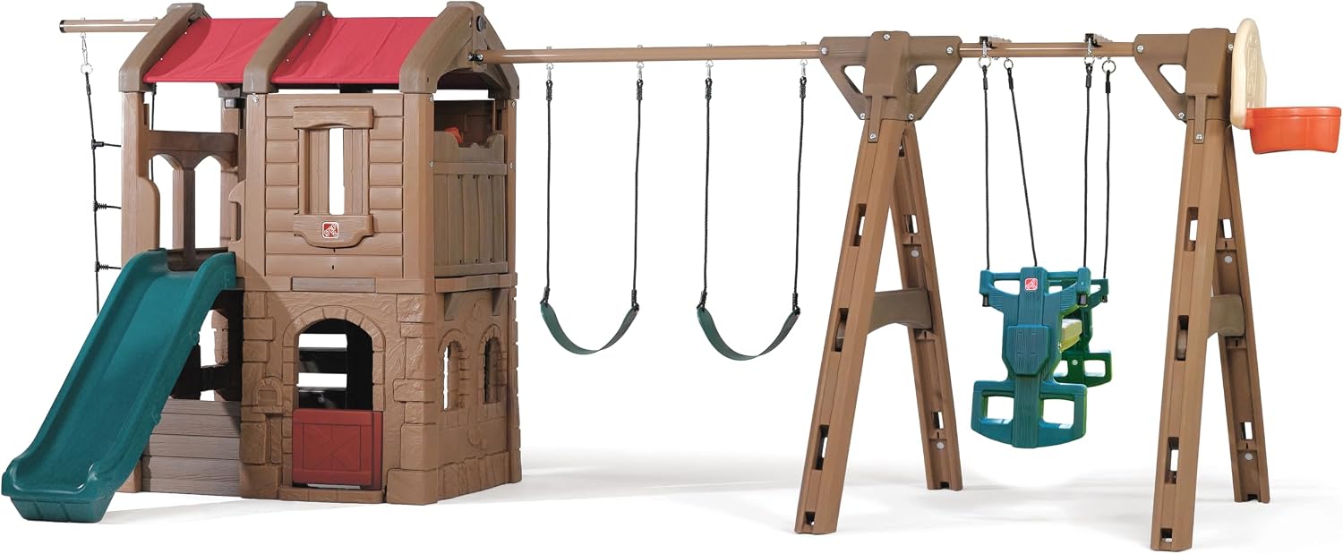 Step2 Naturally Playful Adventure Lodge outdoor playset with tan and brown panels, featuring integrated slide, swings, rope ladder, and basketball hoop for children ages 3-8 — view 1