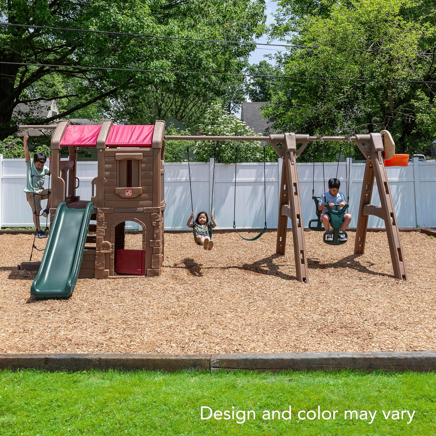 Step2 Naturally Playful Adventure Lodge outdoor playset with tan and brown panels, featuring integrated slide, swings, rope ladder, and basketball hoop for children ages 3-8 — view 3