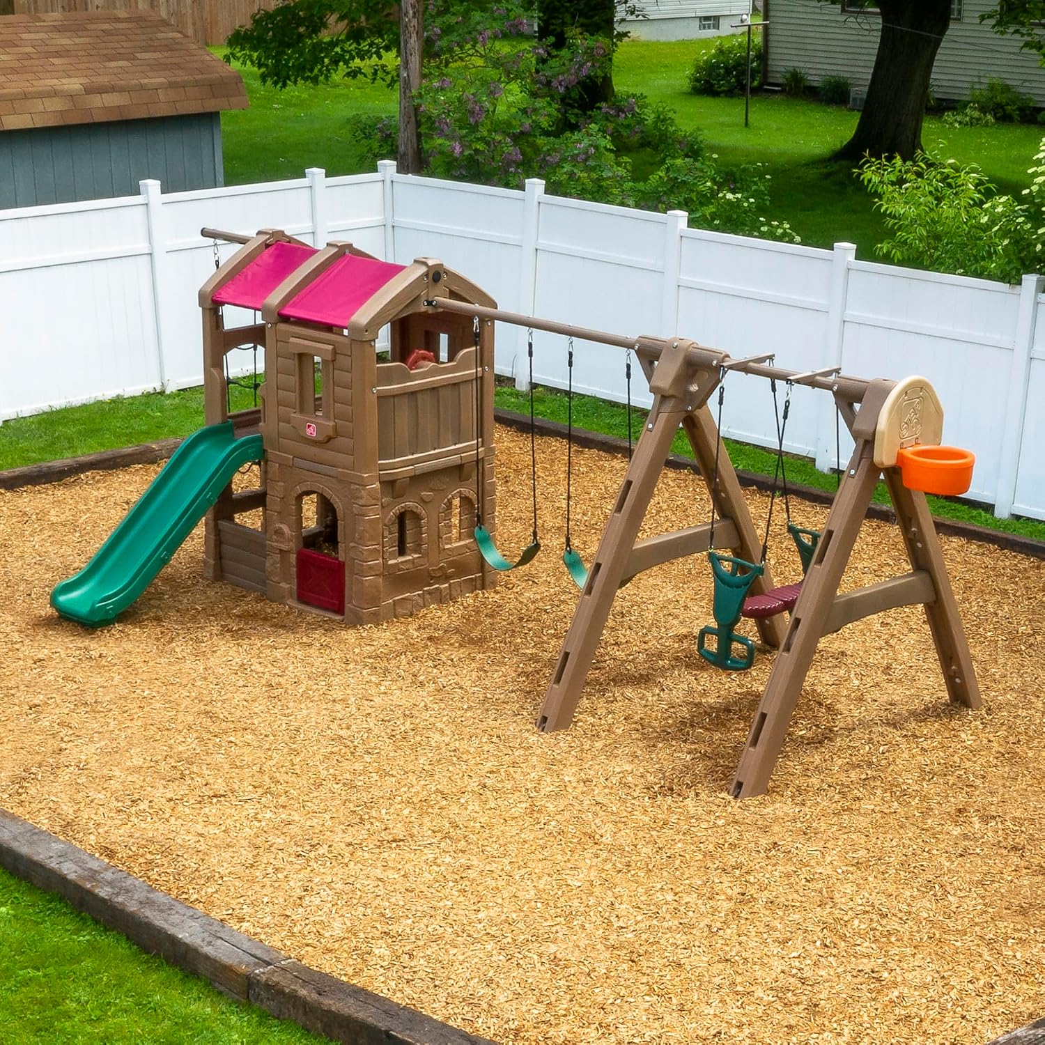 Step2 Naturally Playful Adventure Lodge outdoor playset with tan and brown panels, featuring integrated slide, swings, rope ladder, and basketball hoop for children ages 3-8 — view 4