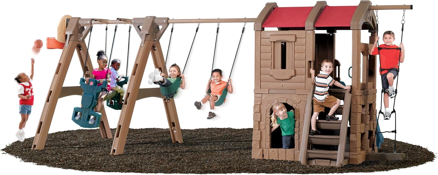 Step2 Naturally Playful Adventure Lodge outdoor playset with tan and brown panels, featuring integrated slide, swings, rope ladder, and basketball hoop for children ages 3-8 — view 4