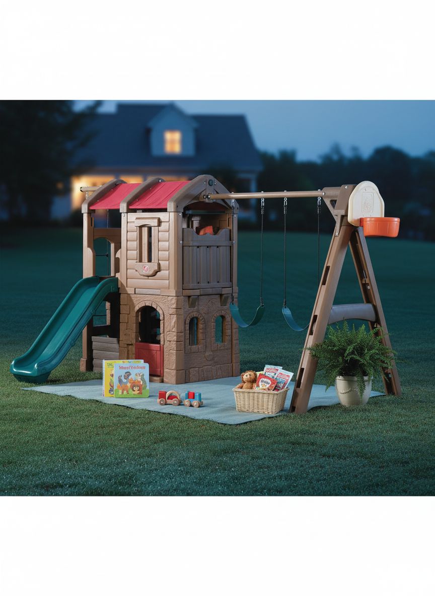 Step2 Naturally Playful Adventure Lodge outdoor playset with tan and brown panels, featuring integrated slide, swings, rope ladder, and basketball hoop for children ages 3-8 — view 5a
