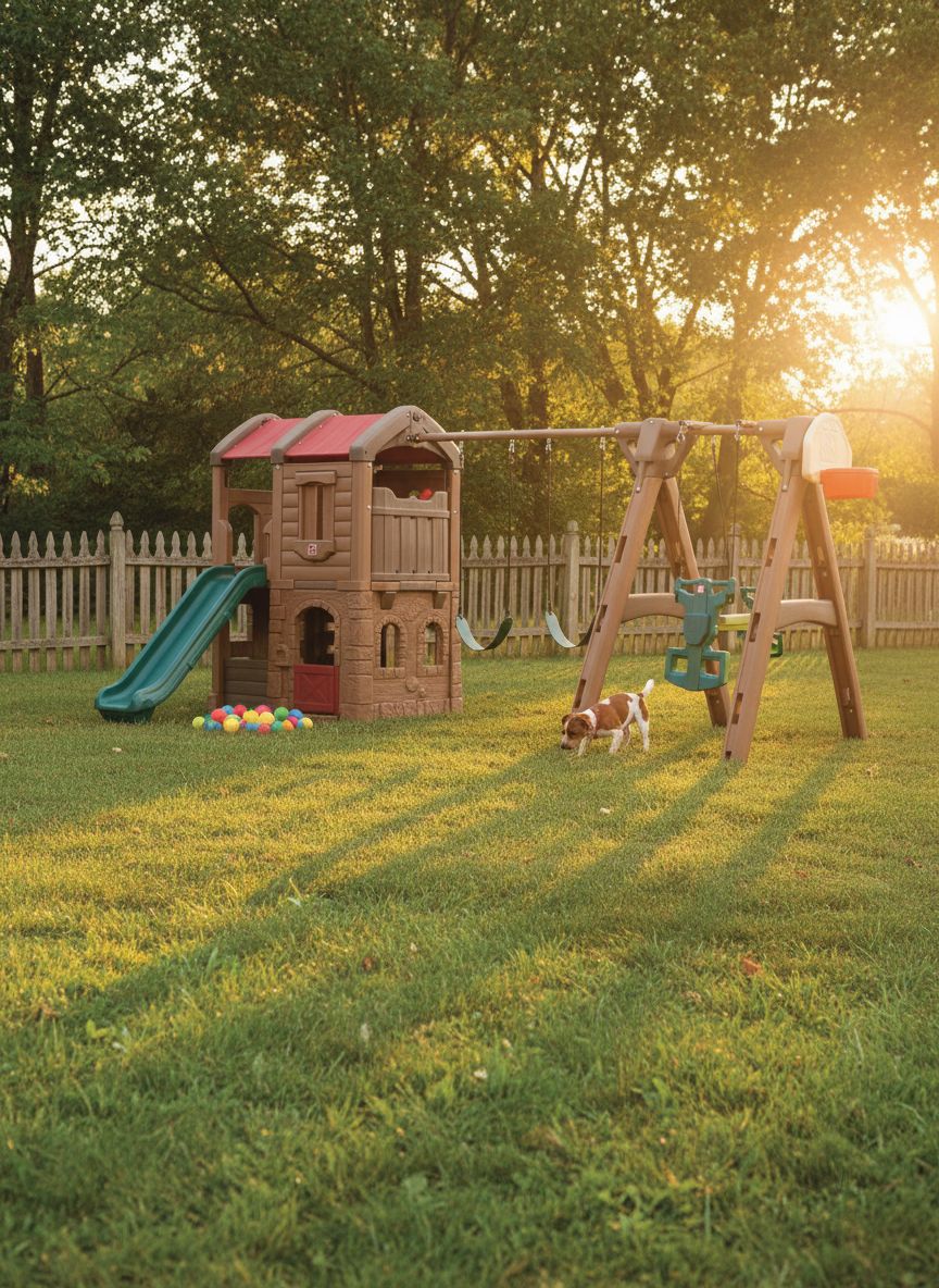 Step2 Naturally Playful Adventure Lodge outdoor playset with tan and brown panels, featuring integrated slide, swings, rope ladder, and basketball hoop for children ages 3-8 — view 6