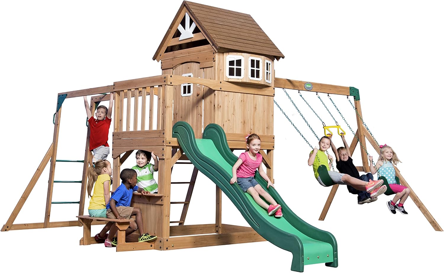 Cedar wood swing set with attached wave slide, clubhouse with working door, monkey bars, and dual belt swings — front