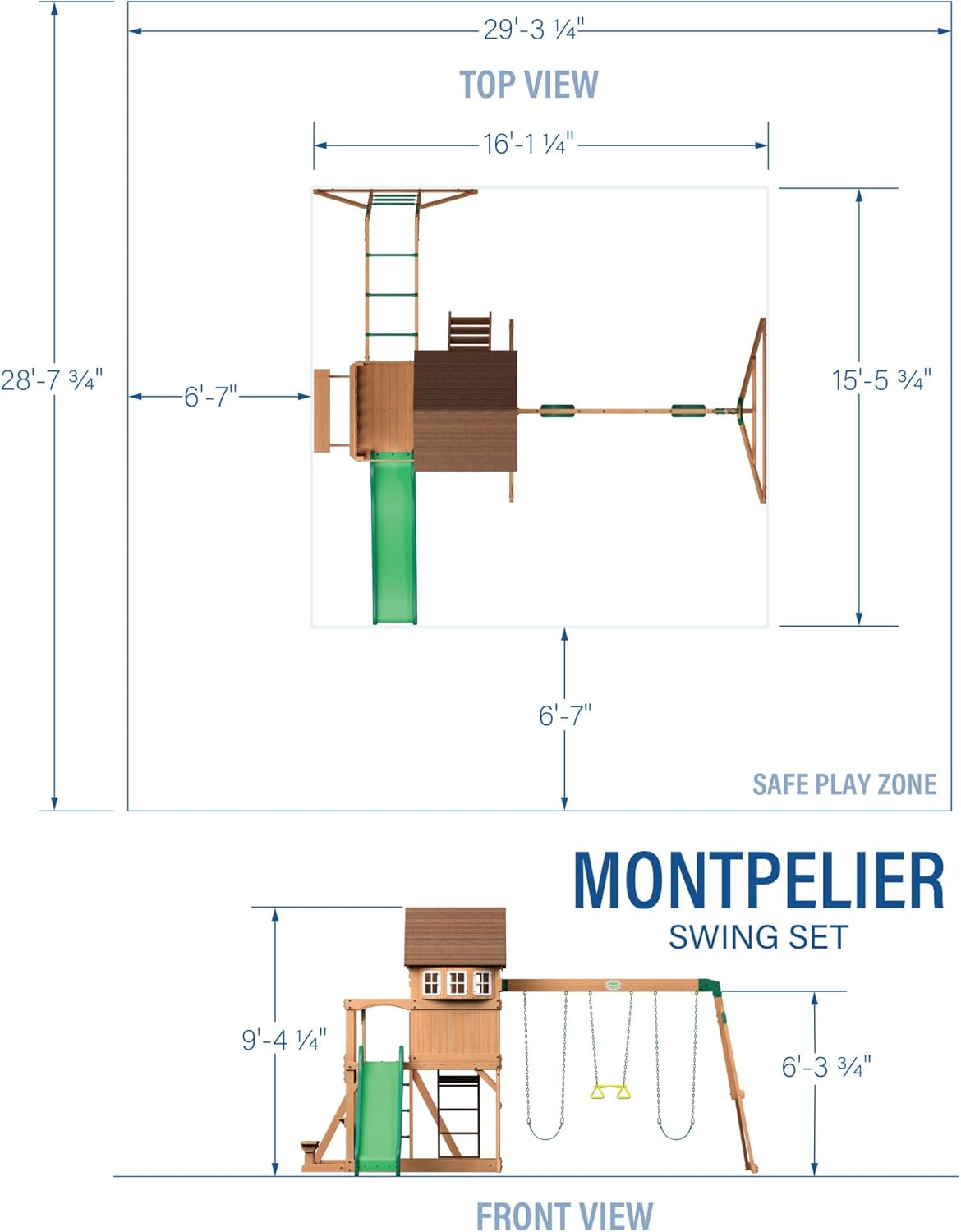 Cedar wood swing set with attached wave slide, clubhouse with working door, monkey bars, and dual belt swings — back