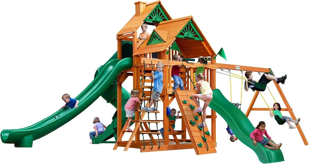 Wood Swing Set with Slides & Rock Wall for Preschool