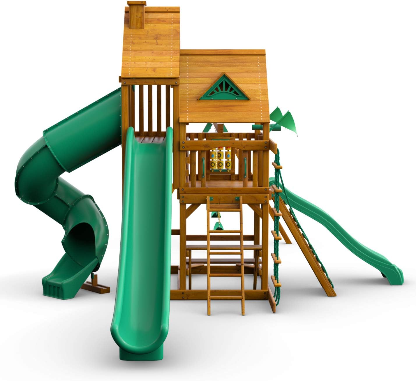 Brown wooden swing set with attached roof, three slides, and climbing rock wall for preschool-age children โ view 2