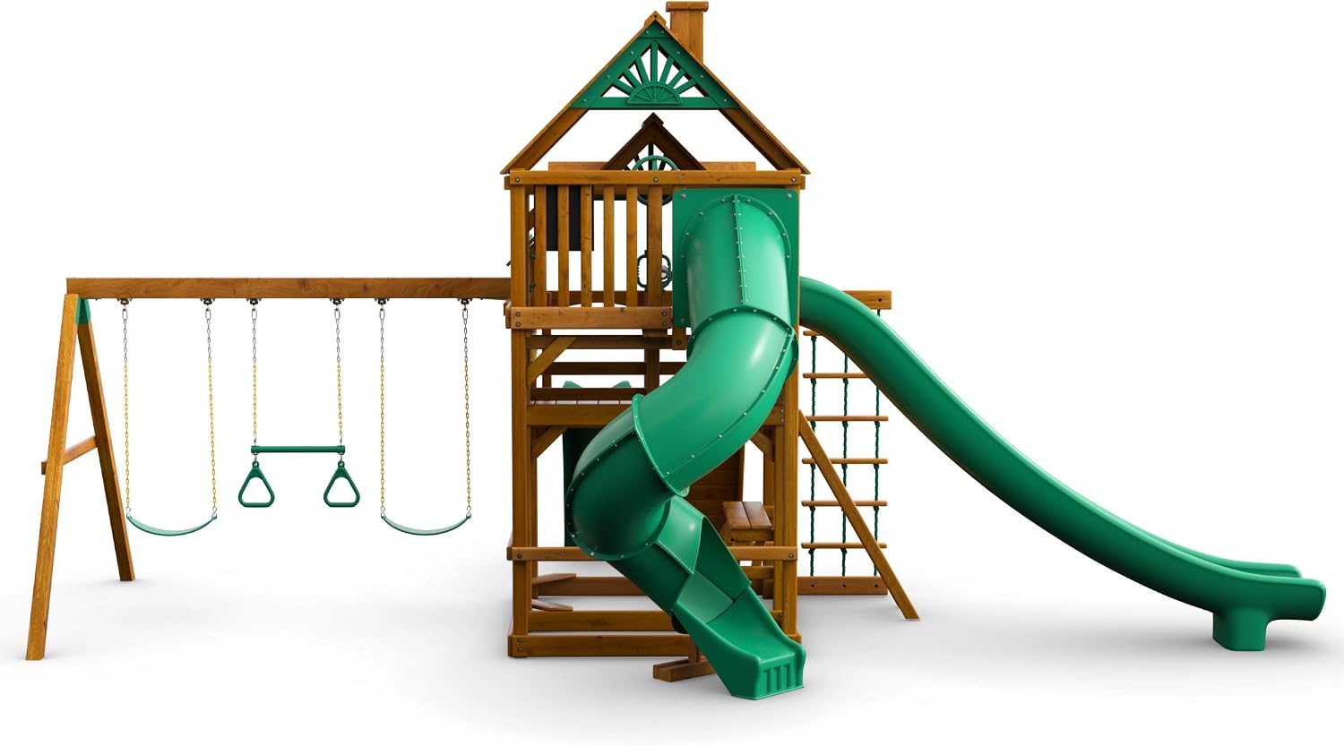 Brown wooden swing set with attached roof, three slides, and climbing rock wall for preschool-age children โ view 3