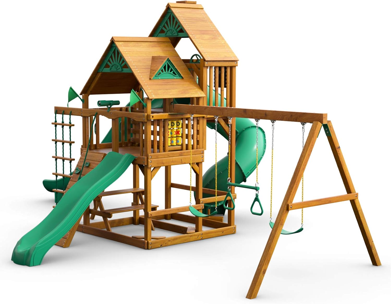 Brown wooden swing set with attached roof, three slides, and climbing rock wall for preschool-age children — view 3a