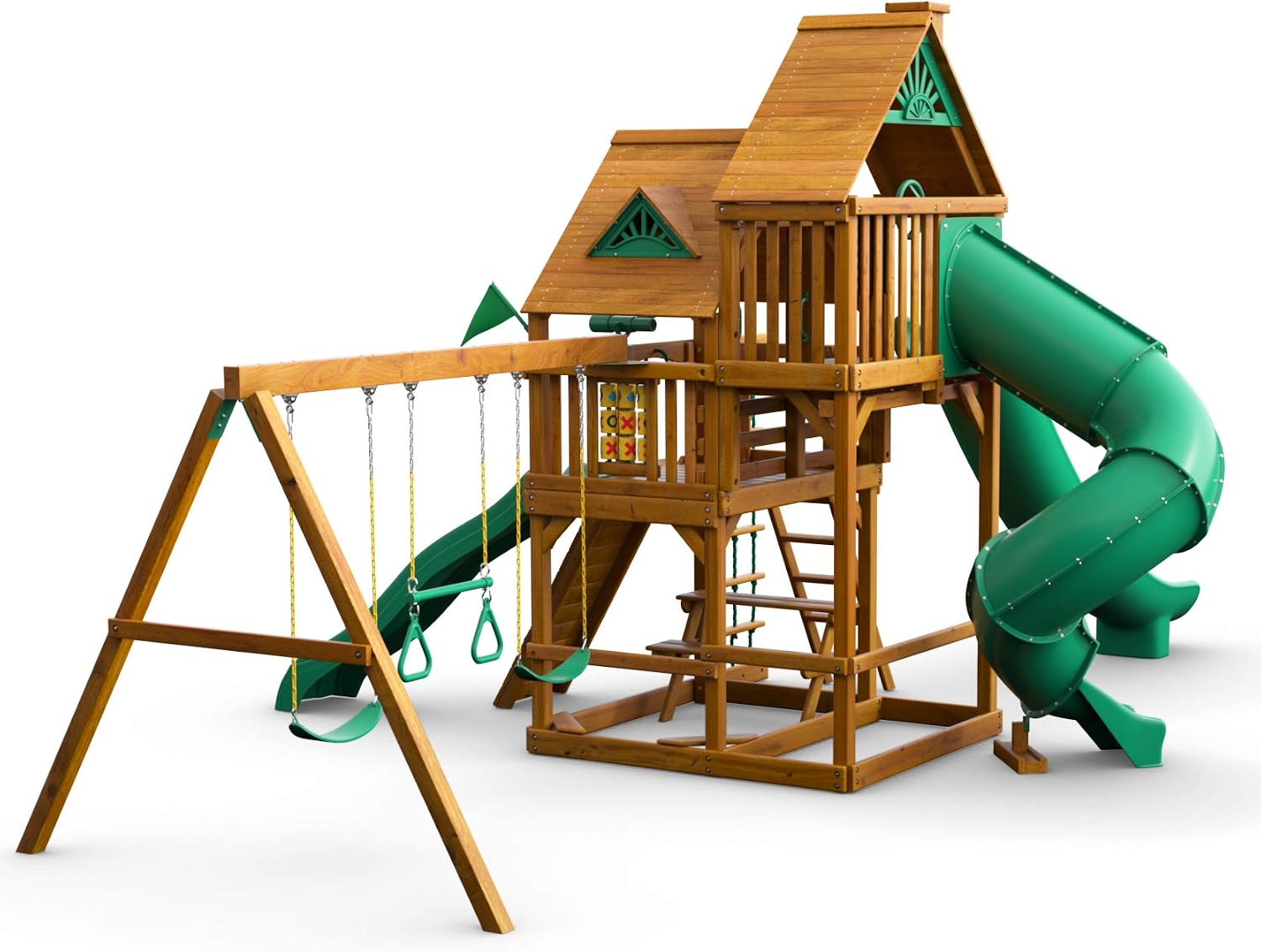 Brown wooden swing set with attached roof, three slides, and climbing rock wall for preschool-age children โ view 5