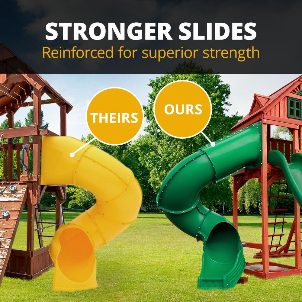 Brown wooden swing set with attached roof, three slides, and climbing rock wall for preschool-age children — view 2