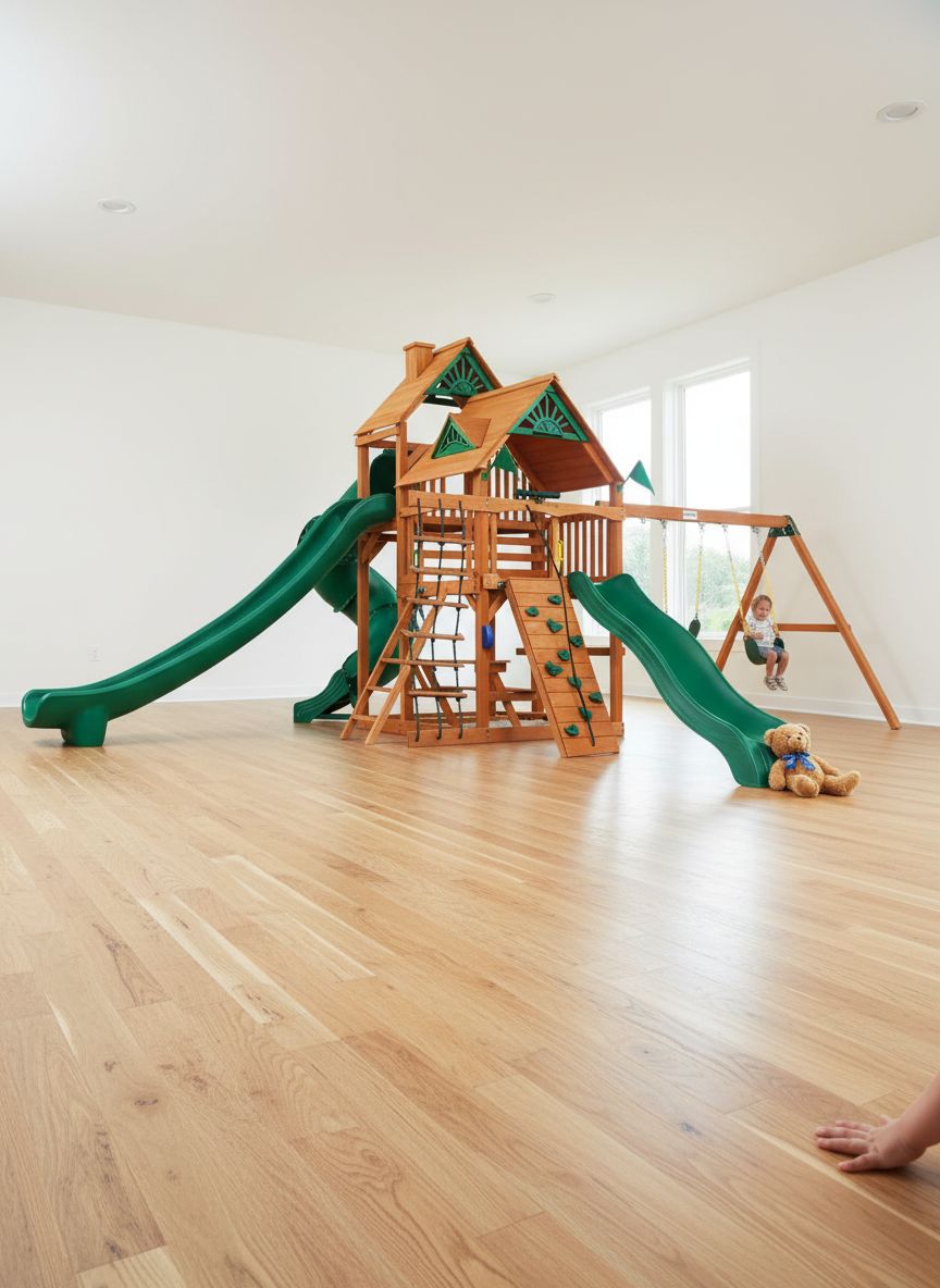 Brown wooden swing set with attached roof, three slides, and climbing rock wall for preschool-age children — view 3