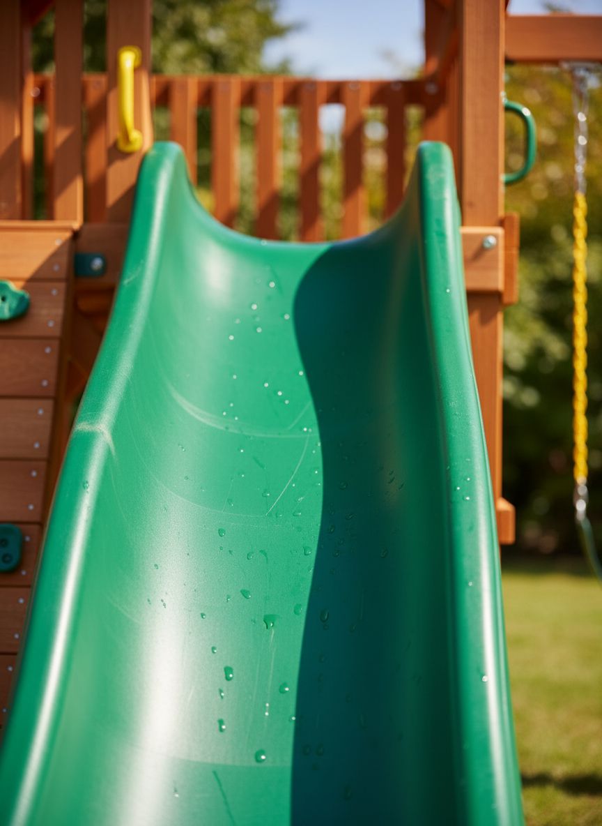 Brown wooden swing set with attached roof, three slides, and climbing rock wall for preschool-age children — view 4