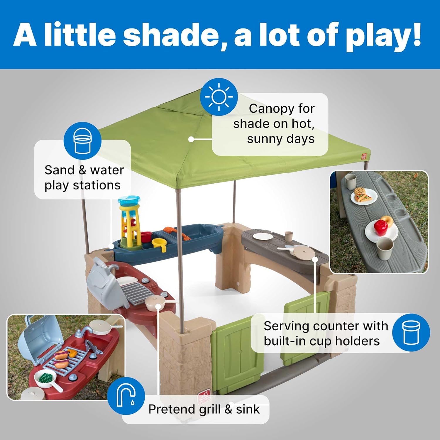 Beige outdoor playhouse with canopy shade, interactive play features, and space for multiple toddlers — view 2