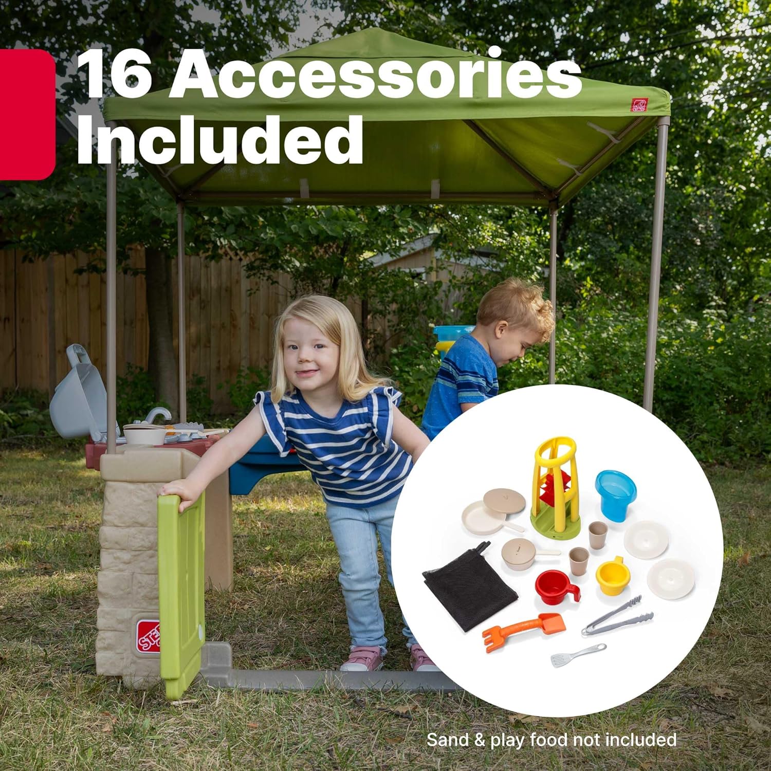 Beige outdoor playhouse with canopy shade, interactive play features, and space for multiple toddlers โ view 3