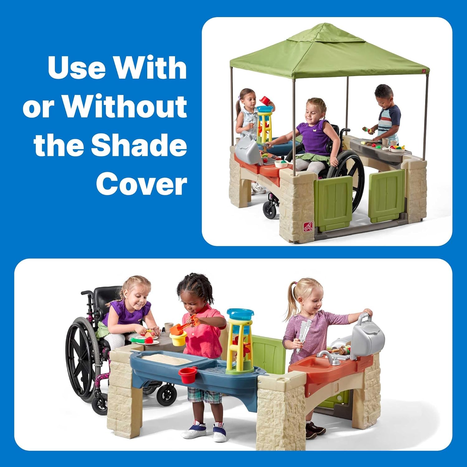 Beige outdoor playhouse with canopy shade, interactive play features, and space for multiple toddlers — view 4